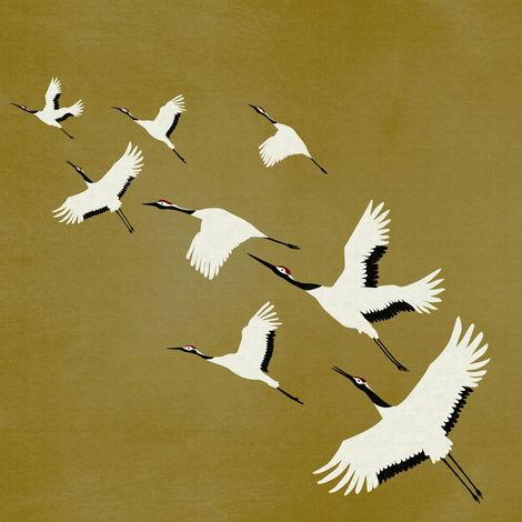 papier peint panoramique oiseaux de grue jaune ocre  - Origin Wallcoverings (1/5)