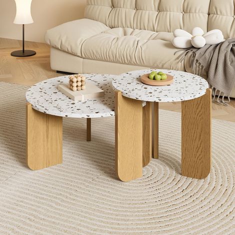 Lote de 2 mesas bajas modernas encajables - 75 x 35 / 50 x 45,5 - Tableros redondos con efecto terrazo y patas de madera clara – Diseño único (1/5)