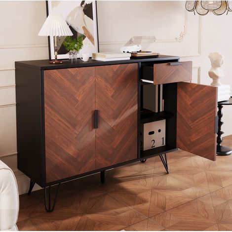 Credenza nera e effetto legno con cassetto e ripiani regolabili DESVIAE (1/5)