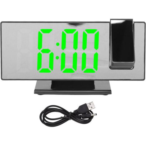 Réveil numérique à projection, chargement USB, gradation automatique, écran miroir LED, horloge électronique pour chambre à coucher, coque noire, lumière verte (1/5)
