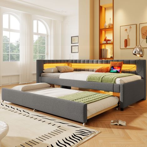 Bett 90x200 Tagesbett ausziehbar mit LED Leinen Grau HAVRYA (1/5)