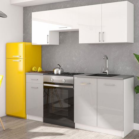 Moderne Küchenzeile LECO 180 cm in grau Hochglanz / weiß Hochglanz – funktionales Design für jede Küche (1/3)