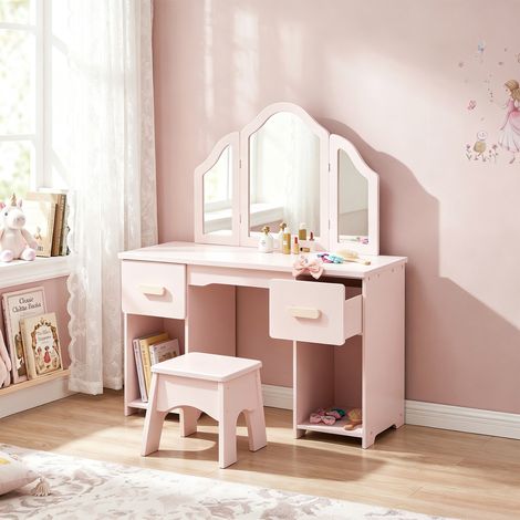 Coiffeuse pour Enfants avec Tabouret et Miroir à Trois Volets en Acrylique, 2 Tiroirs et 2 Placards, Rose (1/5)