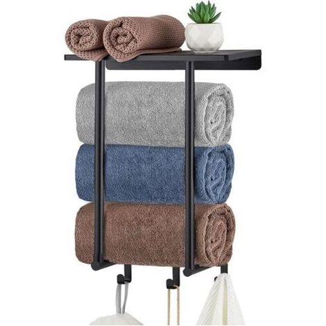 Porte-serviettes mural avec étagère métallique et 3 crochets, noir, 40 x 30 cm, peut contenir jusqu'à 3 grandes serviettes roulées, rangement pour serviettes de salle de bain (1/5)