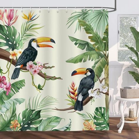 Tropical Shower Curtain Toucan Birds Leaves Bath Curtain Polyester Fabric Anti-Mold Waterproof Washable Bathroom Curtain 180 x 180 cm with 12 Hooks for Bathtub (1/4)