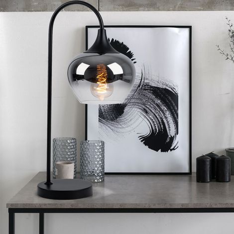 Tischleuchte Tischlampe rauch Leseleuchte Lampe Glaskugel rauchfarben Schlafzimmer, Metall schwarz, 1x E27 Fassung, LxBxH 27,5x18x54 cm (1/5)