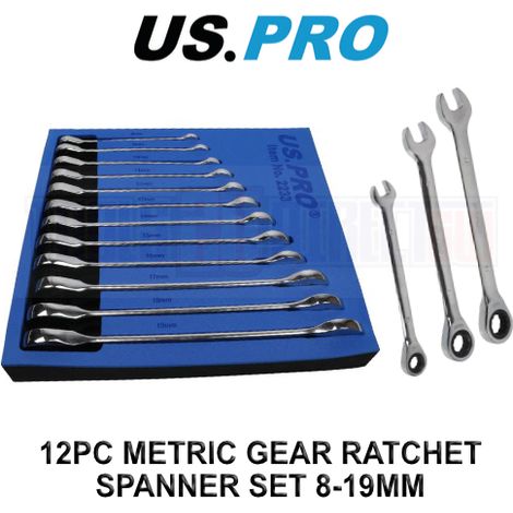 US PRO Ratchet Spanner Set 12pc Metric Gear Ring Combination Wrench 8-19mm 2233 (1/4)