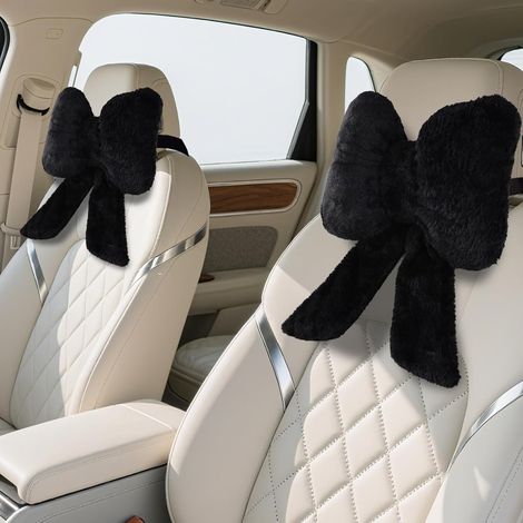 2er-Set Auto-Kopfstützenkissen mit Schleife – Plüsch-Nackenkissen – Für Reisen, Autofahren und Bürostühle – Kopfstütze – Hübsches Auto-Deko-Accessoire – Schwarz (1/4)