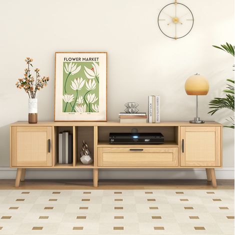 Mobile TV 180 cm, Rattan, 2 Ante + 1 Cassetto, Piedi Legno, Supporto TV fino a 80" (1/5)