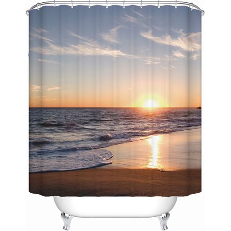 Rideau de Douche Plage, Thème Coucher de Soleil Océan, Tissu Imperméable pour Salle de Bain, 183 x 183 cm, Marron Bleu Orange (1/5)