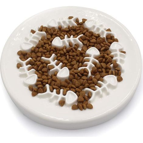 Bol pour chat à alimentation lente, plateau en céramique pour mangeoire pour chat, conception en os de poisson, interactif amusant, ralentit la vitesse d'alimentation de l'animal, prévient les ballonn (1/5)
