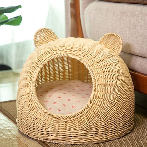 Cestino per gatti con simpatiche orecchie da gatto, in finta rattan, intrecciato a mano, traspirante, lavabile, adatto a tutte le stagioni, semi-chiuso, per uso interno, 38 x 38 cm / 15 x 15 pollici,  (1/5)