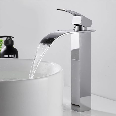 robinet de salle de bain Robinet Salle de Bain Haut Cascade Chromé Argent Mitigeur Lavabo Monotrou Monocommande Vasque Mélangeur Lave Main SUS304 Acier Inoxydable Durable Anti-oxydation Élégante Desig (1/5)