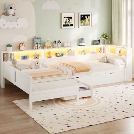 Lit enfant 90x200 cm en L avec lit gigogne, tiroir, rangements, prises USB/USB-C et LED, MDF blanc (1/5)
