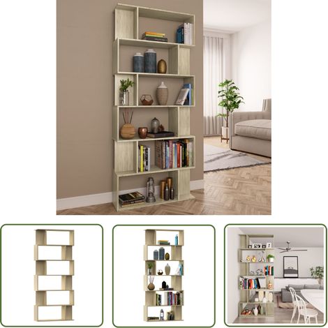 The Living Store – Bibliothèque murale chêne sonoma en bois d'ingénierie – 6 grands compartiments – Séparateur de pièce moderne 80x24x192cm (1/6)