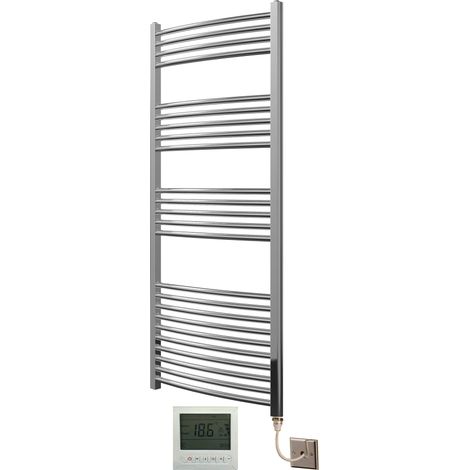 Extra High Heat Output Chrome Electric Towel Rail 600 x 1500mm Curved Bathroom Radiator Heater + 7 Day Timer/Thermostat (1/4)