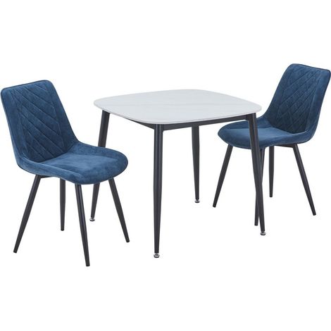 Aspen Gloss White Sintered Stone Square Table & 2 Blue Cord Fabric Chair Set - L54 x W53.5 x H85.5 cm
