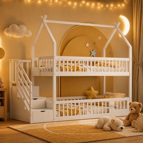 Lit superposé cabane enfant en bois 90x200cm avec toit-escalier avec tiroirs-mini porte-garde-corps-Pin massif MDF Blanc (1/5)