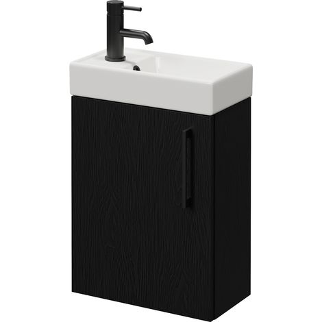 Napoli Cube Nero Oak 400mm Wall Mounted Single Door Vanity Unit with Align Basin - 400mm - Matt Black 160mm Handle