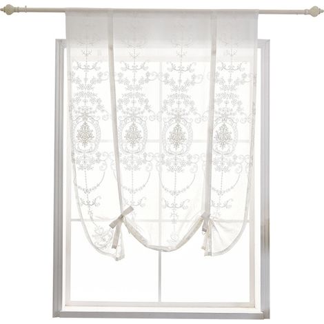 Store romain transparent en voile brodé de rubans (largeur 100 cm x hauteur 120 cm, blanc)