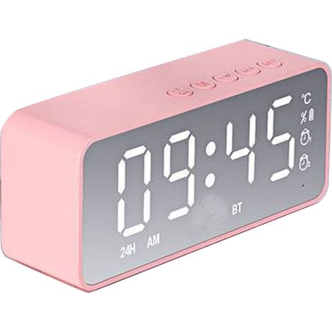 Réveil Bluetooth multifonction avec surface miroir et double alarme, idéal pour la chambre à coucher (rose). (1/5)