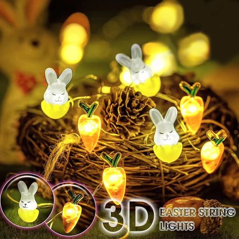 Guirlande Lumineuse Forme De Lapin Et Carotte - 20 Led - Fil De Cuivre Souple - Étanche Ip43 - Pour Décoration De Pâques Intérieure Extérieure - 2 Piles Aa (1/5)
