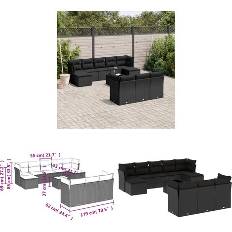 11-tlg. Garten-Sofagarnitur mit Kissen Schwarz Poly Rattan - Gartenmöbel - PE-Rattan Möbel - Outdoor Sofa Set - Esstisch - Lounge Set - Home & Living (1/3)
