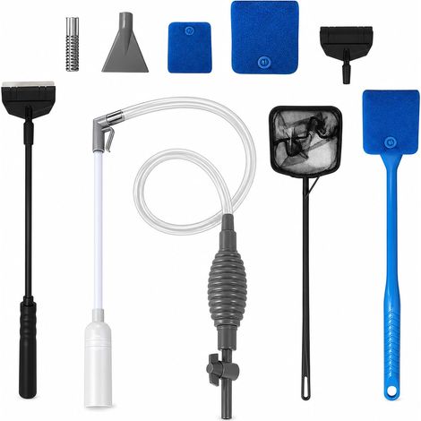 Aspirateur Aquarium Multifonction Kit Nettoyage Aquarium pour Gravier et Sable, Pompe Changement Eau, Tuyau Flexible, Valve Regulation, Epuisette, Brosse, Racleur