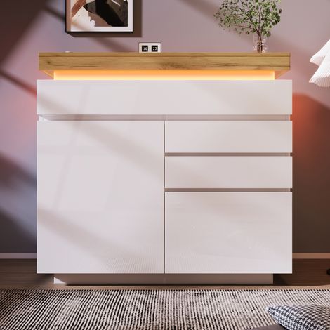 Commode 110x115cm - Design Brillant sans Poignée - LED avec Application et Toucher - Étagères Réglables - Glissières Silencieuses - Capacité 50kg - Blanc