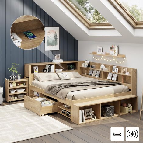 Lit enfant avec rangement, 140x200cm, lit simple, lit enfant multifonctionnel avec table de chevet, tiroirs, étagères, armoire de rangement, chargeur sans fil, sans matelas, couleur naturelle, gara...