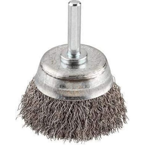 Brosse boisseau en fils d'acier rapide ondulés, grain gros diamètre de 50 mm adaptée au métal et à la pierre compatible avec les perceuses électriques équipée d'une tige hexagonale. (1/3)