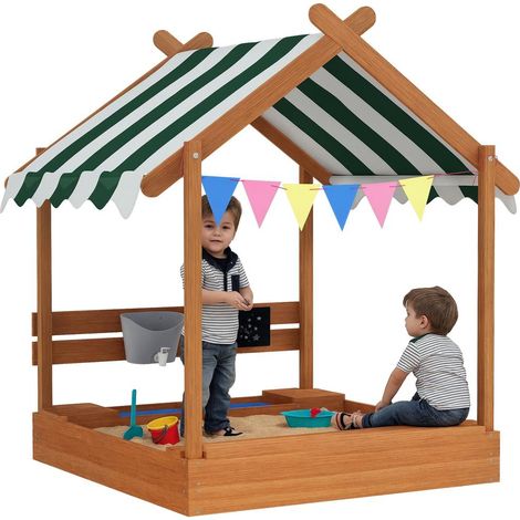 Bois massif traité design maisonnette, bac à sable enfant avec toit pare-soleil pour jardin, vert (1/5)