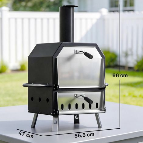 Four à pizza extérieur à bois, en acier inoxydable, à deux niveaux avec pierre à pizza de 1 cm d'épaisseur et pieds pliables. (1/5)