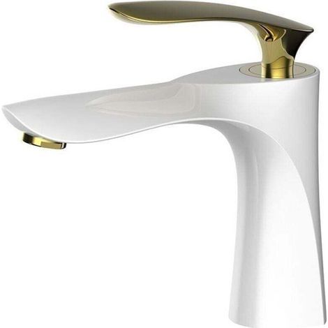 Robinet de lavabo de salle de bain au fini blanc Mitigeur chromé doré Lavabo à montage sur pont à Robinet en laiton à double finition (avec tuyau) (1/4)
