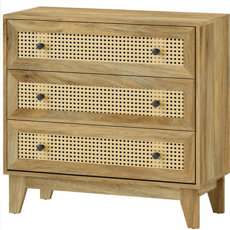 Kommode mit 3 Schubladen, Aufbewahrungsmöbel aus Rattan, helle Holzoptik, 80 x 35 x 76 cm