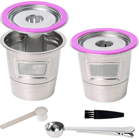 Paquet de 2 tasses K réutilisables avec cuillère et brosse, dosettes de café, filtres universels rechargeables K Cu (1/5)