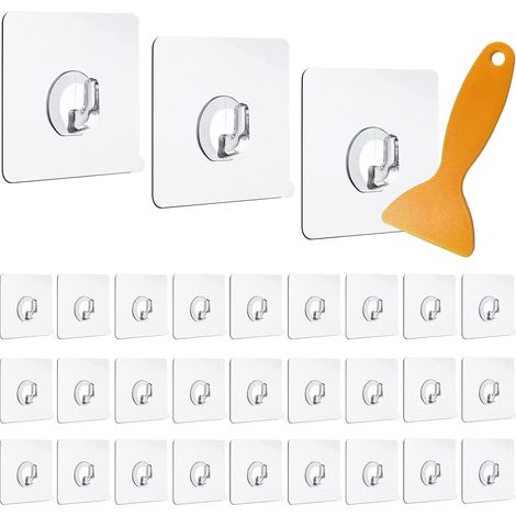 30 ganchos adhesivos transparentes, ganchos transparentes resistentes y sin costuras, no requieren perforación, ganchos duraderos e impermeables, capacidad de carga máxima de 10 kg, para baño, cocina (1/5)
