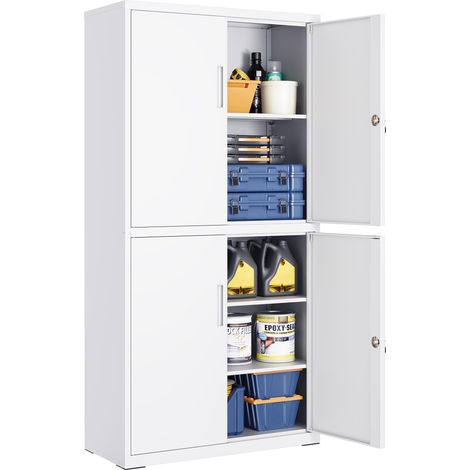 Armoire de Garage à 5 Étagères avec 4 Portes, Armoire de Bureau, 40 x 80 x 180 cm, 2 Serrures, Étagères Réglables, en Métal, Blanc Mat (1/5)