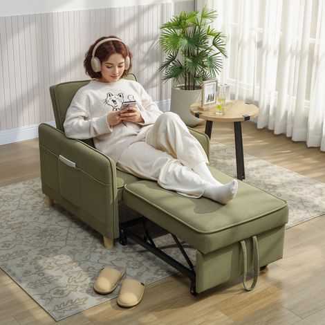 Sillón Cama Individual 3 en 1 Sofá Cama Plegable con Respaldo Ajustable y Cojín para Salón 74x85,5x82 cm Verde Oscuro (1/5)