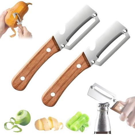 Pelador de verduras multifuncional de 2 piezas para cocina, mango de madera y rallador, Acero inoxidable, Duradero y ergonómico, patatas, papaya (1/5)