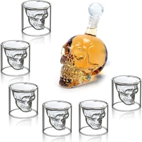 Totenkopf-Schnapsgläser-Set, Totenkopf-Weinflasche mit 6 Totenkopf-Gläsern 75ml, Perfekt für farbige Getränke (1/5)