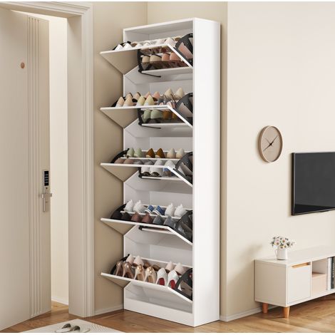 Armoire à chaussures blanche avec miroir, 5 tiroirs rabattables, gain de place, 185 cm (1/5)