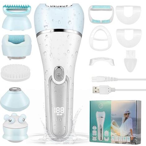 Épilateur électrique femme 6 en 1 sans fil – Étanchéité IPX7 – Écran LED – Rechargeable USB – Accessoires visage et corps
