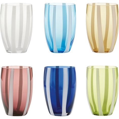 Set di 6 Bicchieri Tumbler Gessato in vetro soffiato a bocca con decoro a fasce verticali in pasta bianca, colori assortiti, eleganza artigianale
