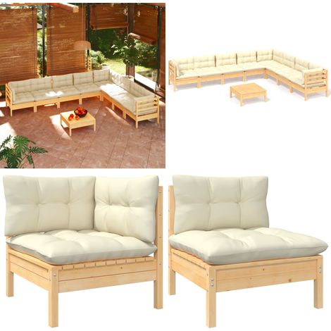 9-tlg. Garten-Lounge-Set mit Creme Kissen Massivholz Kiefer - Garten Lounge Set - Esszimmergarnitur - Outdoor Möbel - Gartenmöbel - Rattan Gartenmöbel - Home & Living (1/5)