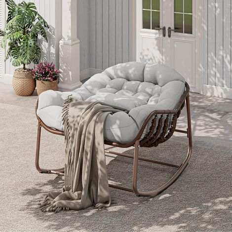 Fauteuil Œuf Papasan à Bascule en Rotin avec Coussin Épais, Structure Métal et Base en Bois, Chaise Relax pour Terrasse, Balcon et Salon, Beige