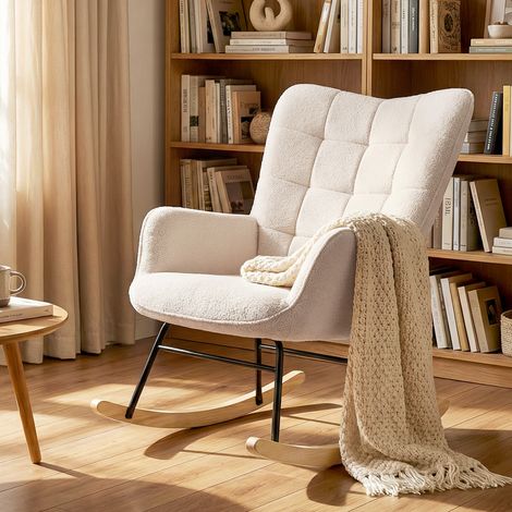 Fauteuil à bascule avec revêtement aspect laine et structure en acier, 71 x 98 x 101 cm, beige (1/5)