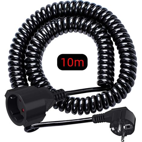Rallonge électrique (noire, 10 m) avec prise mâle/femelle bipolaire standard européenne et câble à ressort rétractable en PVC. (1/5)