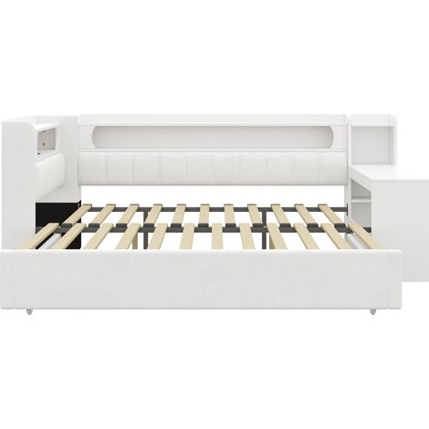 Gepolstertes (90x200 bis 180x200 cm) Tagesbett mit USB-Anschlüssen und LED-Gürtel, mit Ausziehbett und Schreibtisch, Weiß (1/5)