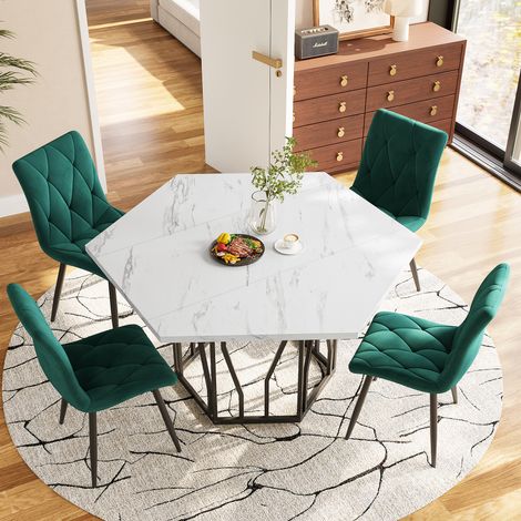 Esstisch und Stuhle Set mit 1 Sechseckigem Esstisch und 4 Esszimmerstuhlen, MDF, Stahl und Samt, Schwarz Weiss und Grun